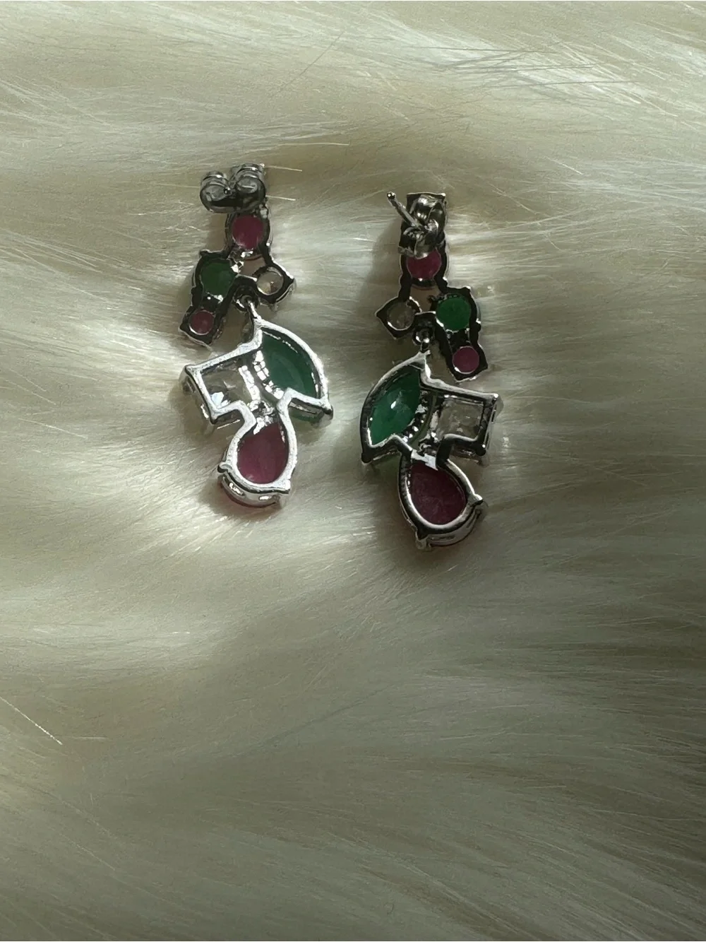 Silver Drop Earrings with Green and Pink Gemstones